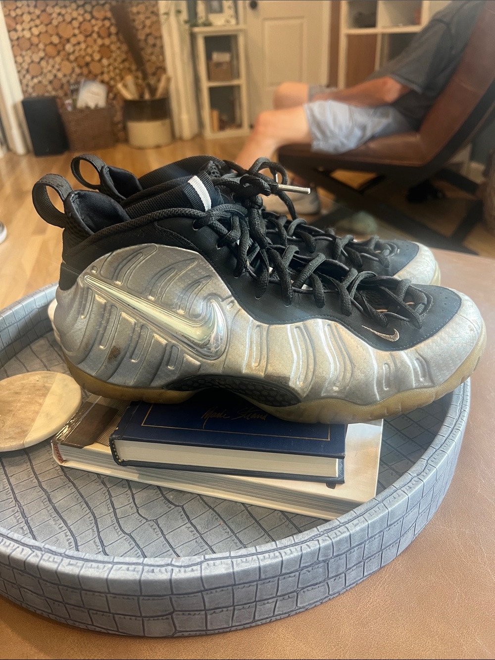 Nike Men’s Metallic Silver and Black Foamposite Athletic Sneakers